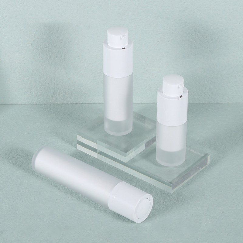 White Frost Airless Pump Bottle Set - Refillable Cosmetic Rotating Bottles in 15ml and 30ml Sizes