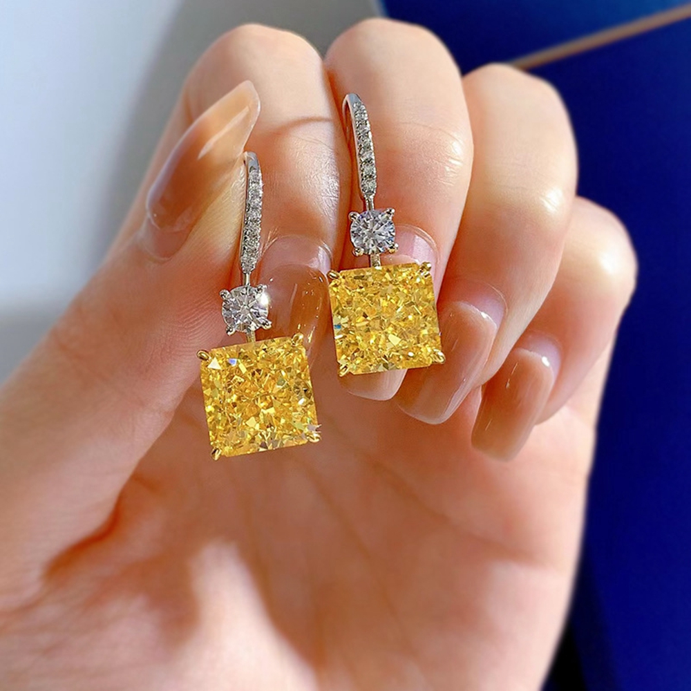 WUIHA Real 925 Sterling Silver Crushed Ice 6CT Yellow Sapphire Synthetic Moissanite Drop Earrings for Women Gift Drop Shipping