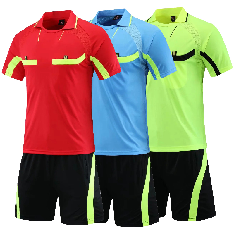 2022 New Soccer Referee Uniform Men Turn-down Collar Football Referee Clothes Short Sleeve Judge Shirt Shorts Suit Three Pockets