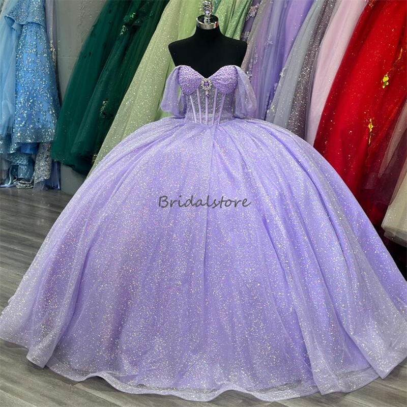 Glitter Lilac Quinceanera Dresses 2024 Charro Off Shoulder Vestidos De 15 Anos Quinceanera Corset Birthday Fifteen Party Gowns Big Bow Back Vestidos D