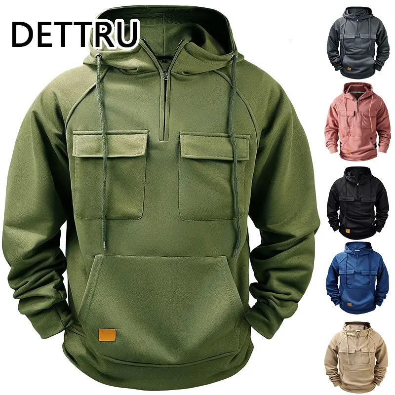 Mens Hoodies Sweatshirts Multi Pockets Male Hooded Jackets Outdoor Half Zipper 240620