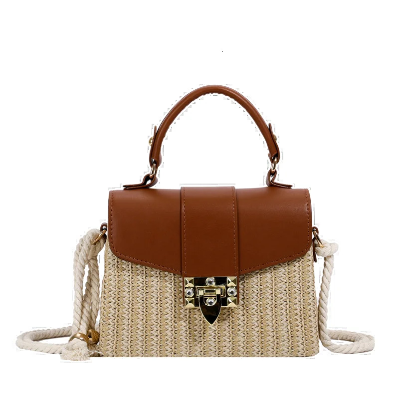 PU Straw Splicing Square Hand Hasp Rope High Quality Shoulder and Crossbody Bags for Women 2024 Casual Hot Sale Summer H6.29#36 ddmymoon