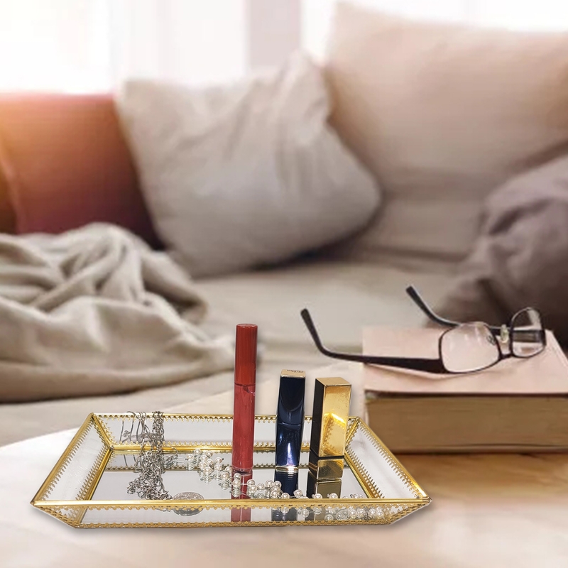 Rectangle Gold Mirror Jewelry Organizer Tray Glass Metal Makeup for Bathroom P9YF