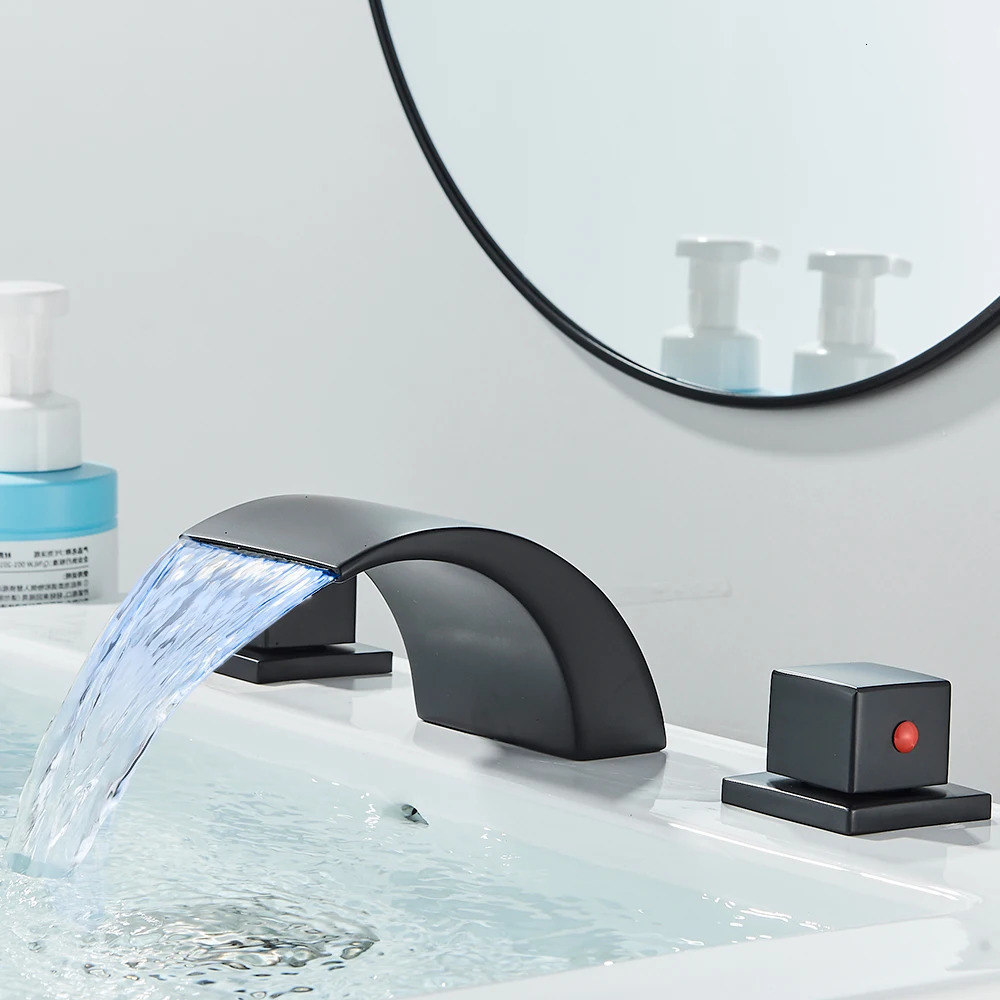 LED Bathroom Faucets Waterfall Vanity Faucet 3 Holes Widespread Two Handle Lavatory Sink with Colors Changing Light 240625