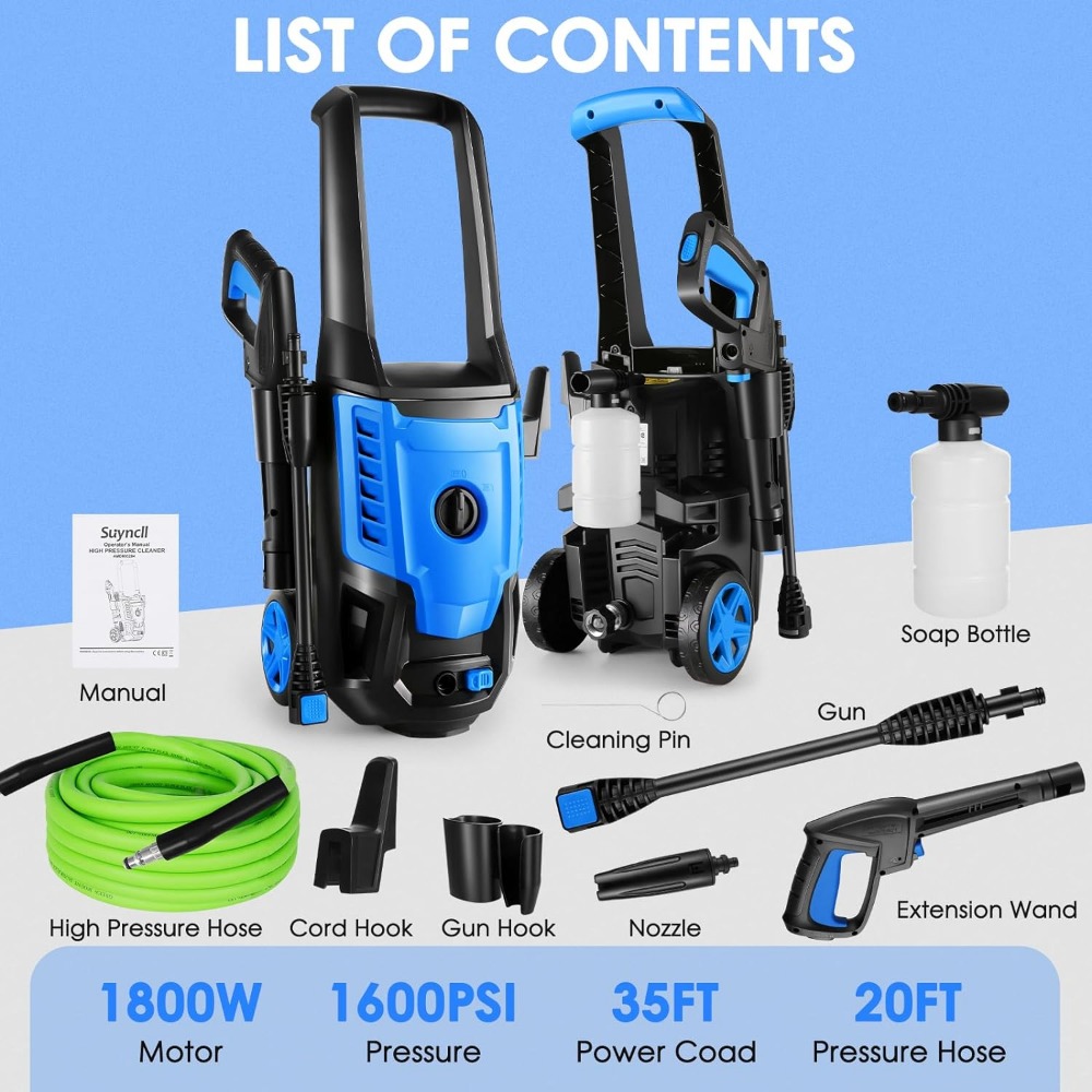 Suyncll Electric Pressure Washer Powered, 2.5 GPM Power Washer SY 3500 1800W High Pressure Car Cleaner with All-in-one Spray Noz