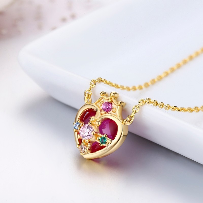 925 Sterling Silver Gold Color Hot Pink Stone Heart Charm Choker Pendant Necklace For Women Girl Heart Of The Universe Jewelry