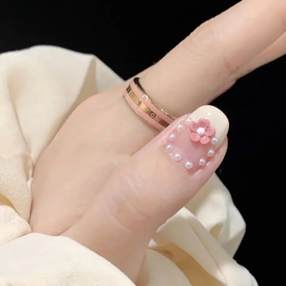 Cute Bow Cherry Blossom Fake Nails Cherry Blossom Rain Short Nail Patch Palace Pearl Handmade Light Therapy Nail Bridal Nail Art