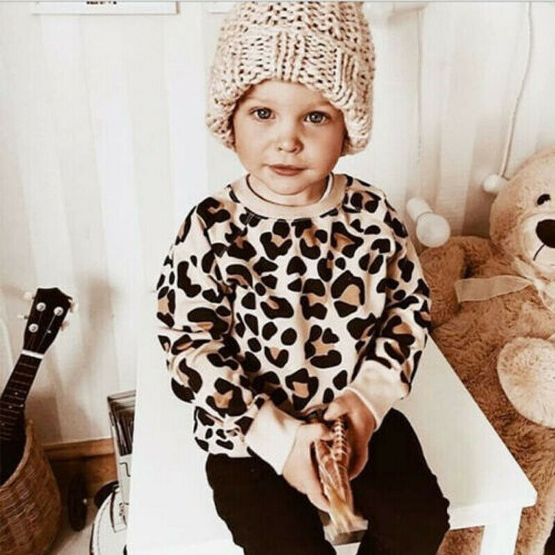 1-7 Years Kids Baby Girls Sweatshirts Long Sleeve Leopard Print Pullover Autumn Warm Kids Boys Clothes Active Sports Girls Tops