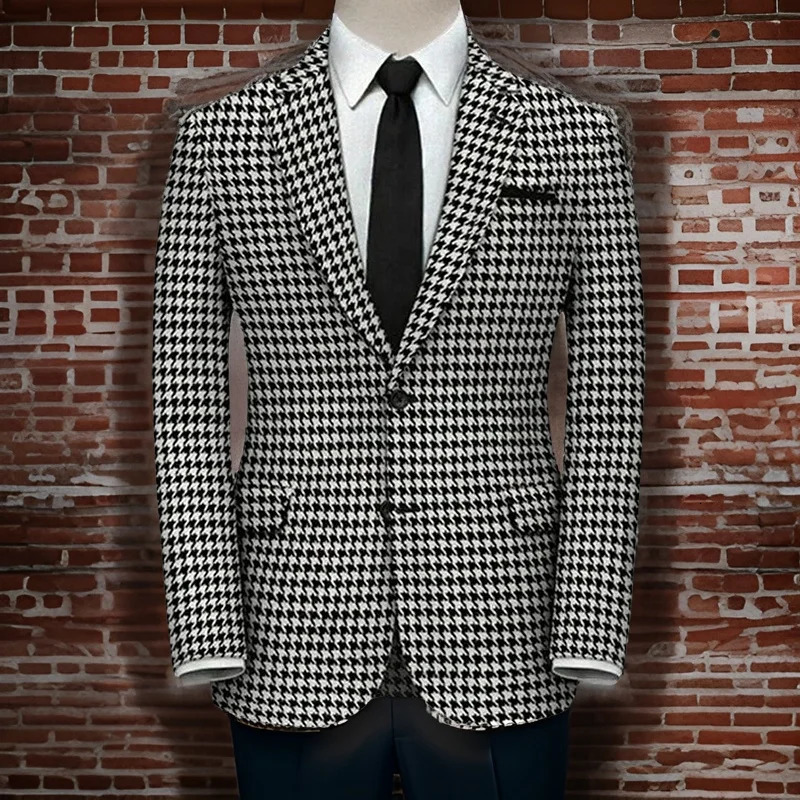 Plaid Blazer for Men 1 PCS Suit Jacket with Side Slit Slim Fit Houndstooth Checked Casual Coat 240626