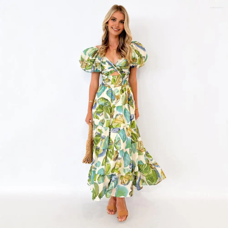 Casual Dresses V-neck Summer Dress Women All-over Print Colorful Bubble Sleeve Maxi With Off-shoulder Design Pleated Hem