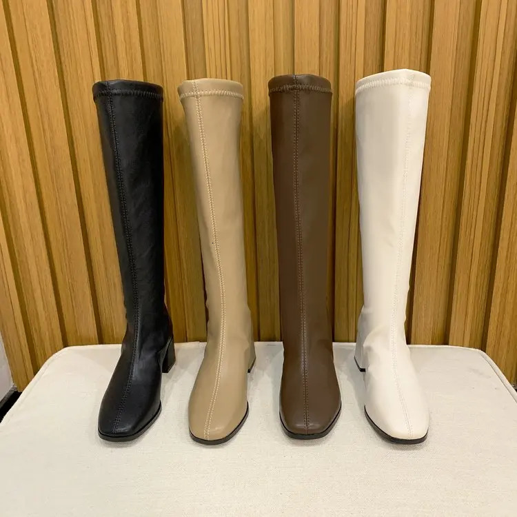 Fashion Women Black Block High Heels Long Boots Winter Warm Knee High Boots Soft Leather Thigh High Boots Shoes 240629