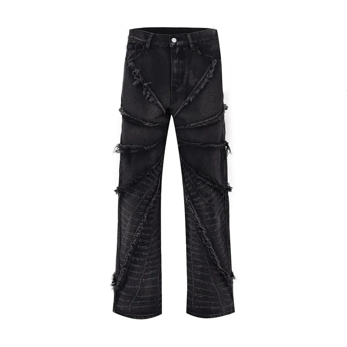 Vintage American Style Baggy Jeans Mens Loosefit Fringe Trousers European Street Casual Clothing 240626