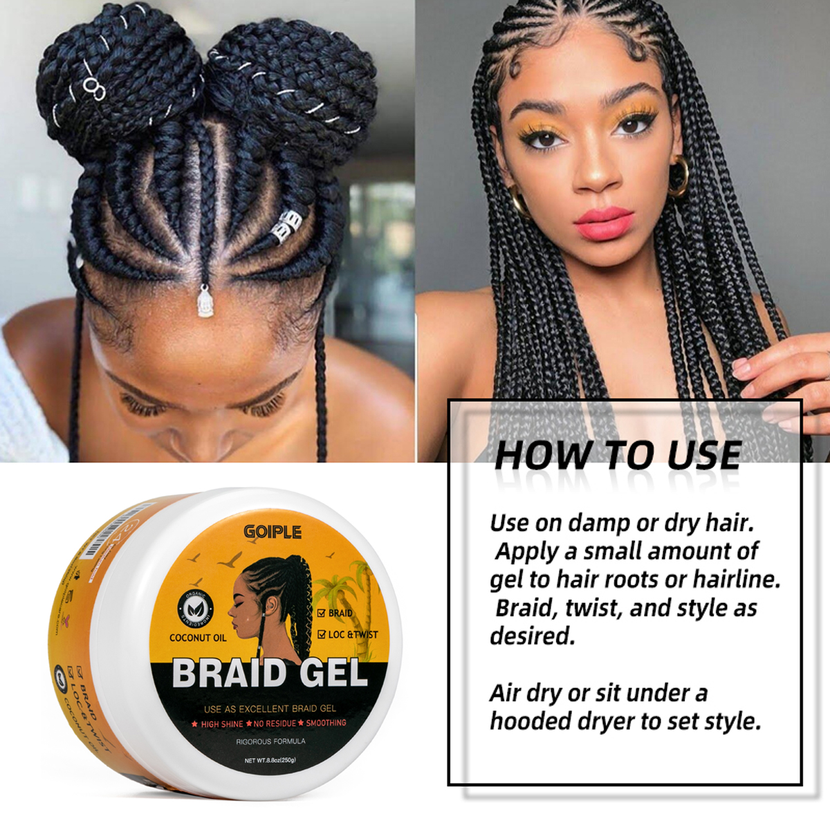 GOIPLE Long Lasting Hold Braid Gel for Black Women Shine n Jam Loc and Twist Wax Tames Frizz Edges Hair Cornrow Styling Product
