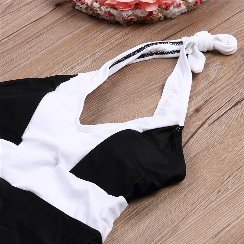 New One Piece Swimwear Women Sexy Halter Beach Wear Brazilian Swimsuit Black White Patchwork Push Up Bathing Suit Women Monokini