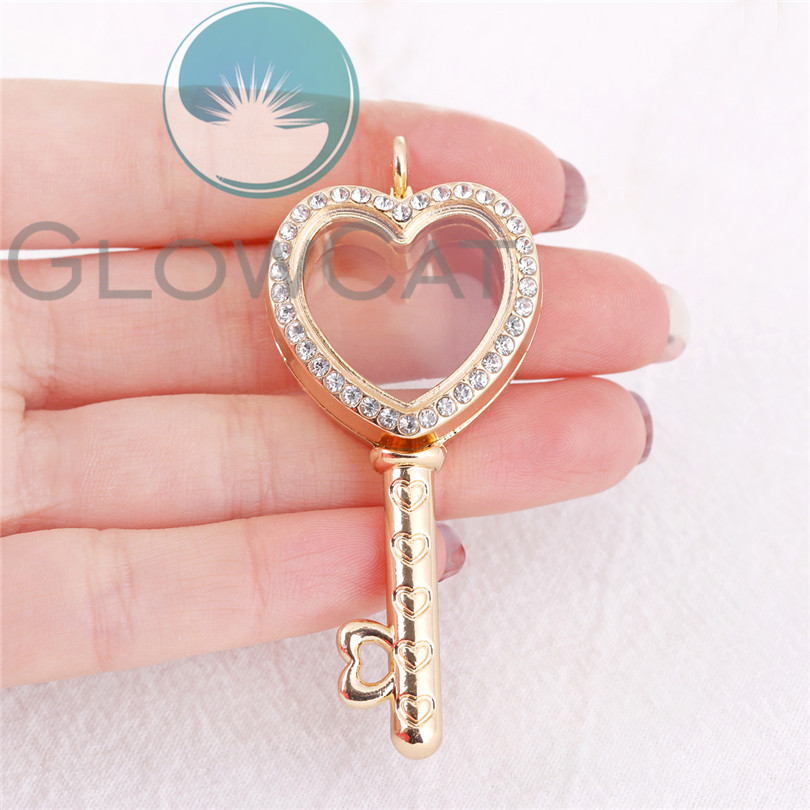 Heart Key Magnetic Glass Floating Charms Locket Pendant Living Memory Photo Lockets 5 Styles