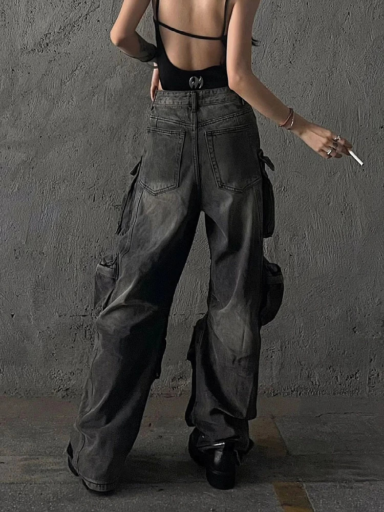 Women Baggy Y2K Goth Cyber Punk Denim Pants Cargo Mom Jeans Grunge Dark Academia Harajuku Fashion Stacked Hippop 240626