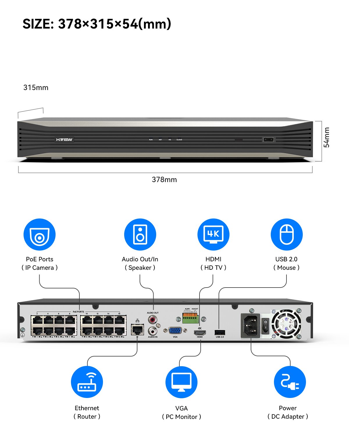 H.View Network Video Recorder 16ch 4K/8MP/6MP/5M/4MP/3MP H.265 Poe Nvr Cctv Surveillance Security System for IP Camera Onvif