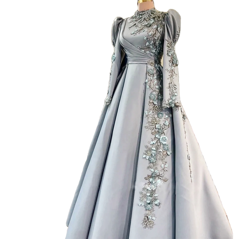 Arabic Muslim Pleats A-Line Evening Dresses Beads 3D Floral Appliques Dubai Satin Elegant High Collar Floor Length Formal Party Gown Reception Prom En