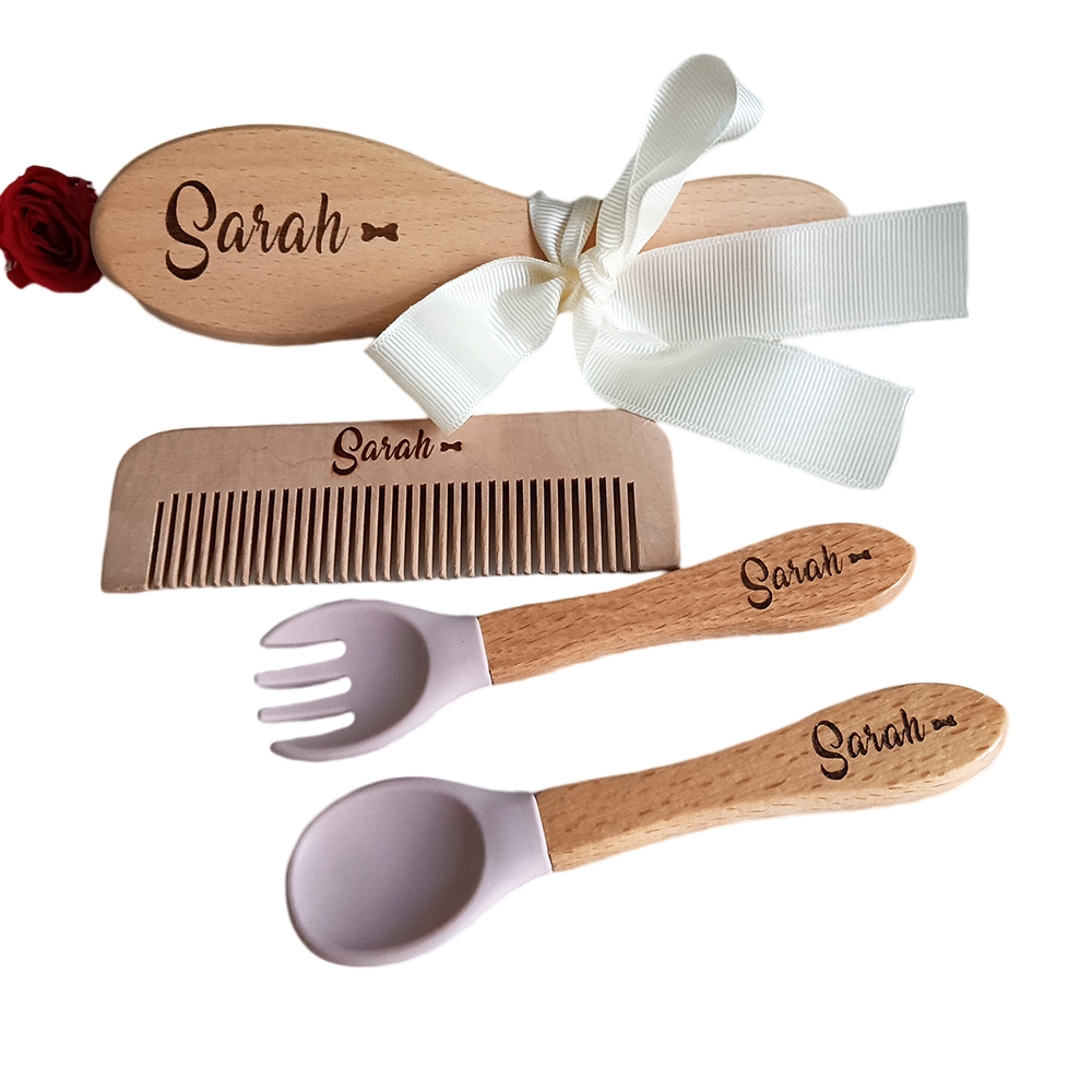 Custom Name Baby Care Hair Brush, Silicone Spoon, Feeding Supplies, Newborn Accessories, Teething Baby Shower, Guests Gift