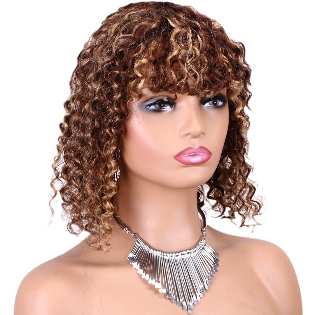 Jerry Curly Human Hair Wigs with Bangs None Full Lace Frontal Wigs Burgundy Piano color Colored Wigs for Women Short Bob Wig