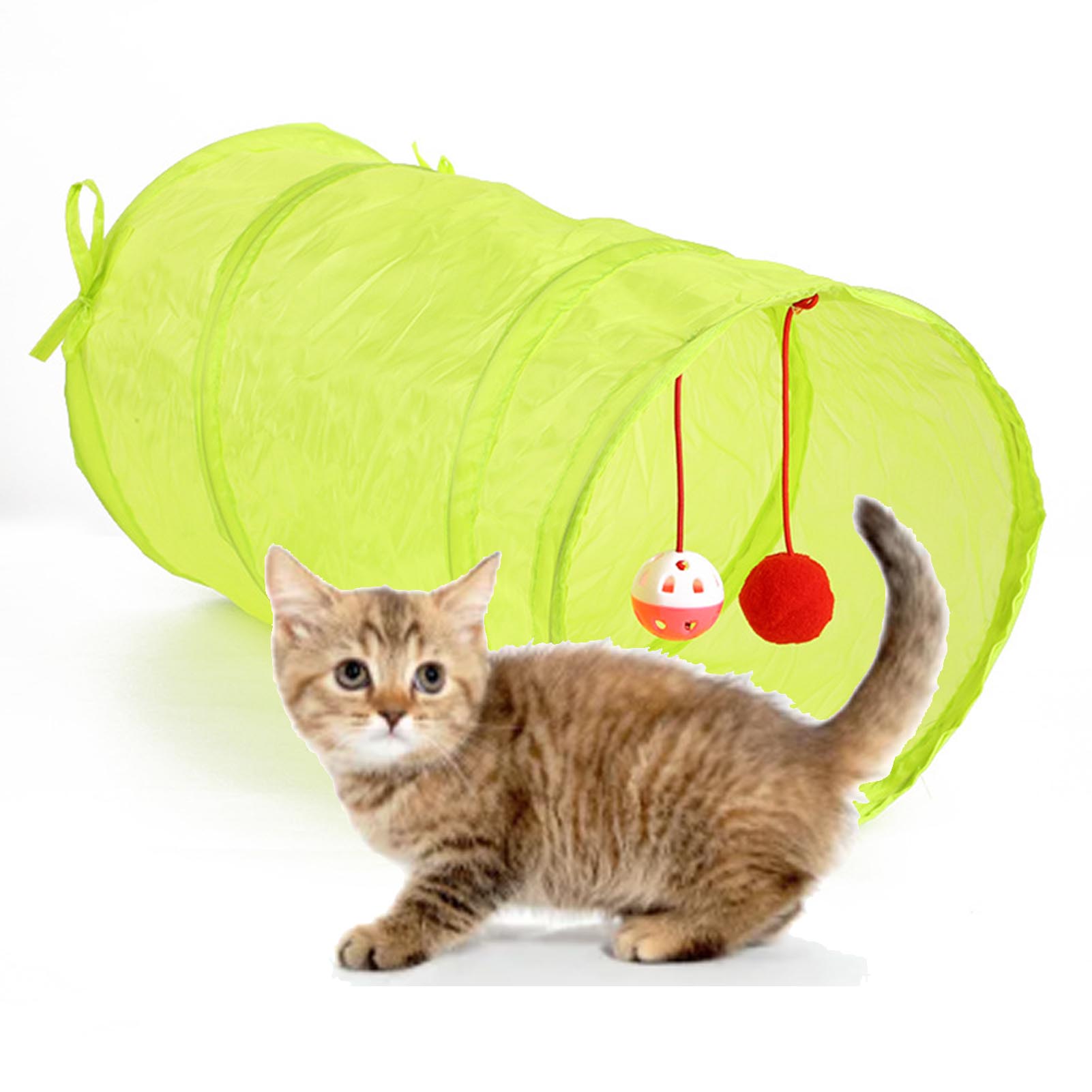 Cat Tunnel Green Cat Tube Foldable Large Space Sound Bell Crinkle Design Durable Cat Play Toy For Indoor Cat Pet Training