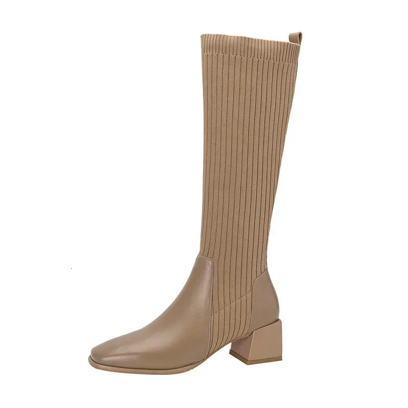 Autumn Winter Knitted Long Boots Women Knee High Socks Shoes Women Fashion Slip on High Heels Retro Elastic Botas Mujer 202 240629