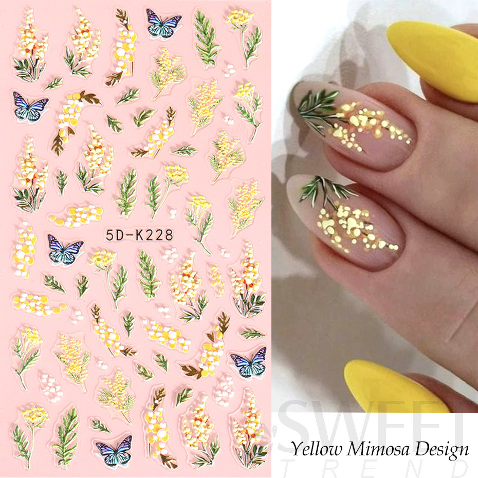 5D Acrylic Embossed Nail Art Stickers Yellow Mimosa Butterfly Daisy Flower Gel Polish Engraved Manicure Sliders Nail Tips BE5D-K