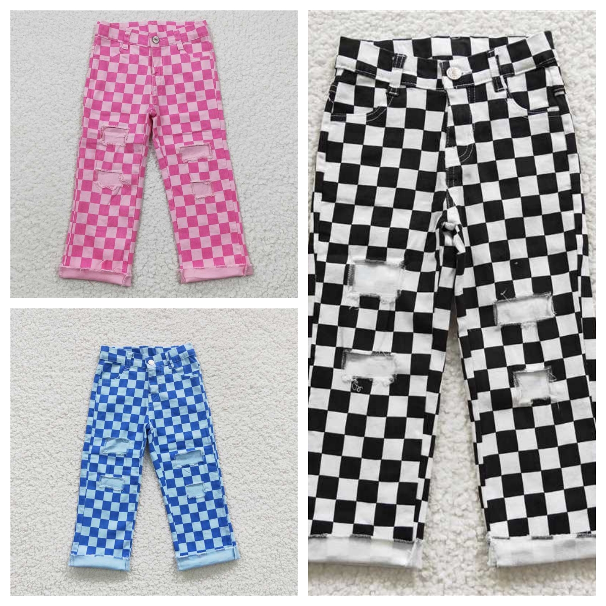 Wholesale Toddler Zipper Pants Kid Infant Pocket Black Checkered Children Denim Trousers Baby Boy broken-hole Jeans New Clothing