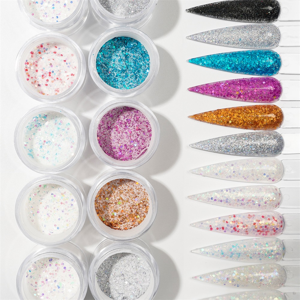 HNDO Bottle 12 Color Sequins Acrylic Powder Glitter Nail Supplies for Professionals Nail Art Sculpture Manicure Shiny Material
