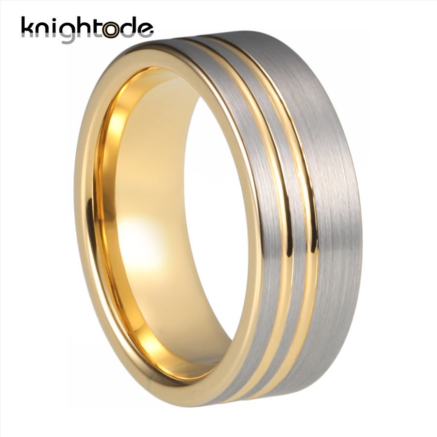 8mm Two Offset Grooved Gold Color Tungsten Carbide Wedding Band For Men Women Engagement Rings Flat Brushed Comfort Fit