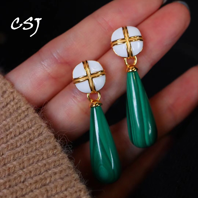 CSJ Elegant Natural Malachite Dangle Earrings Sterling 925 Silver Handmade Jewelry for Women Party Gift