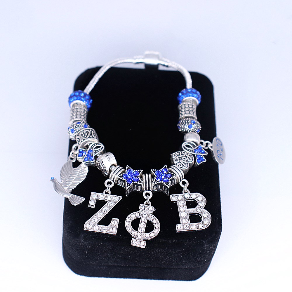 Double Nose Blue Crystal Beads Greek Letters Zeta Phi Beta 1920 Dove Charm ZPB Bracelets College Group Souvenir Gifts