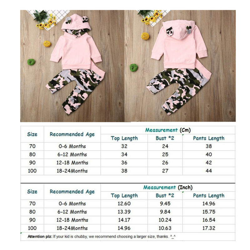 0-24months Newborn Baby Girl Clothes Set Animal Ear Pink Hoodies Sweatshirt Tops Girls Camouflage Pant Sports Outfit Newborn Set