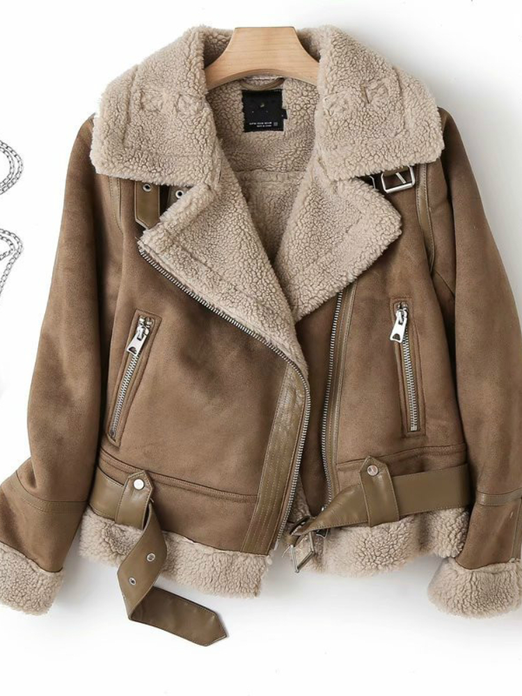Aibeautyer Casual Warm Tops Women Suede Lambswool Biker Jackets Vintage Coat Winter Loose Faux Leather Motor Outwear