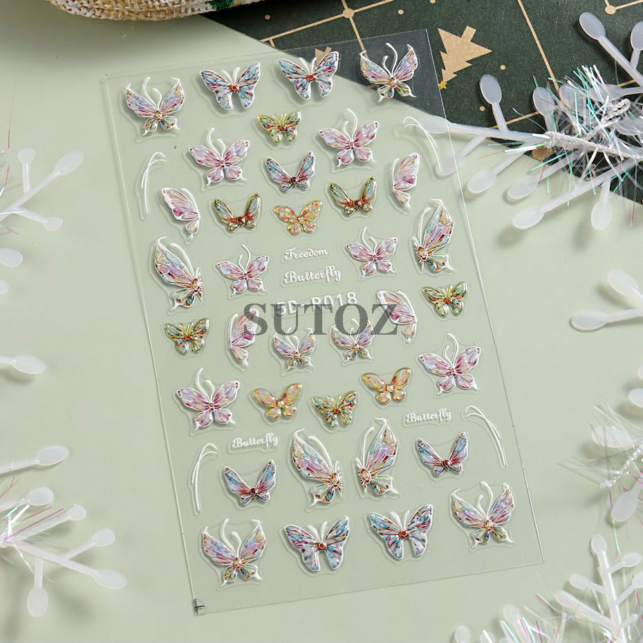 Aurora Butterfly Nail Stickers 5D Relief Color Glitter Butterfly Design Nail Art Decals Watercolor Butterflies Manicure 5D-R018