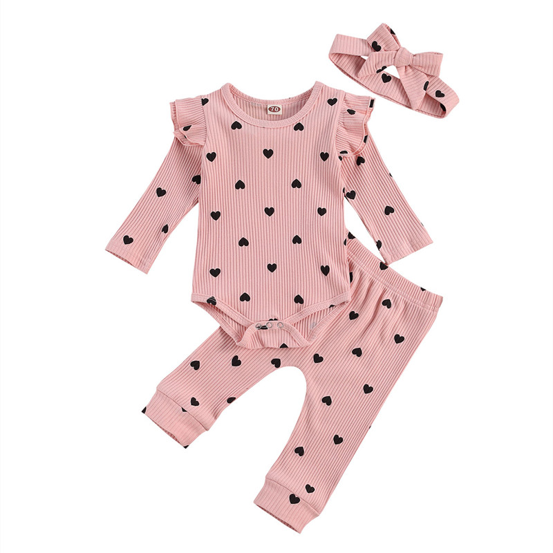 Cute Newborn Baby's Girls Ribbed Clithes Suit Toddler Infant Heart Print Crew Neck Lace Long Sleeve Top+Pants+Hairband Set