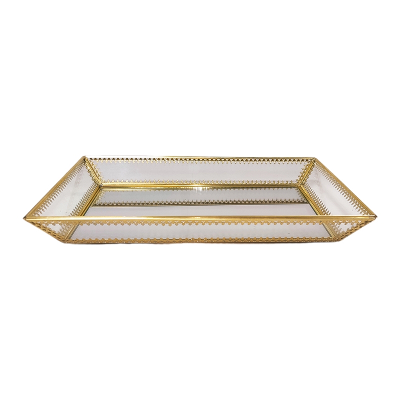 Rectangle Gold Mirror Jewelry Organizer Tray Glass Metal Makeup for Bathroom P9YF