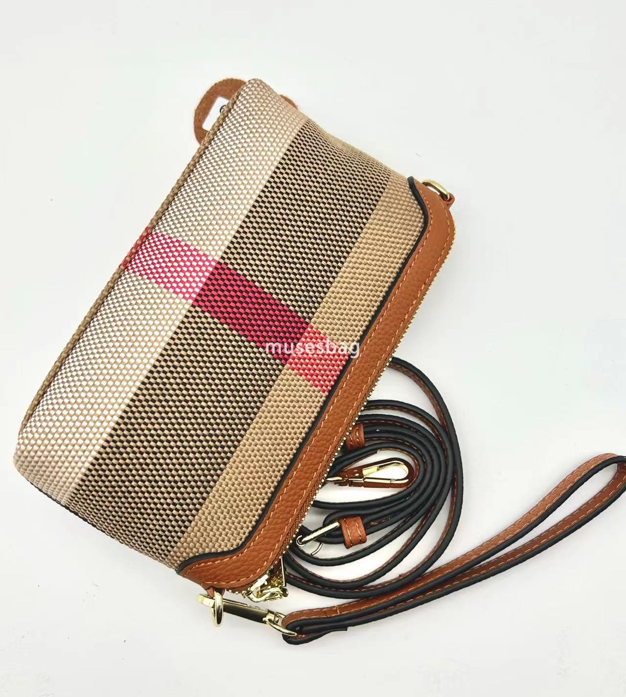 A niche design with new leather plaid contrasting color zipper long single shoulder crossbody handbag wallet mobile phone bag mom's bag