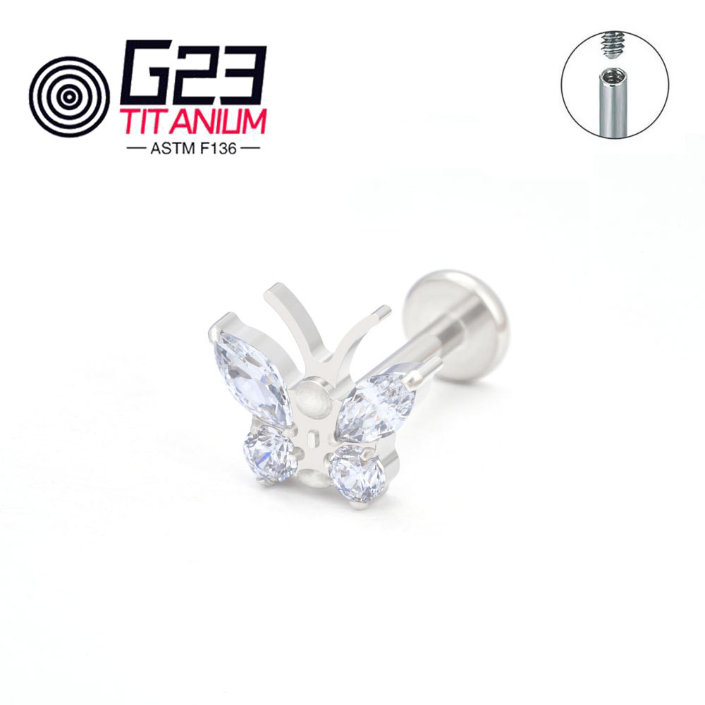 Newest Butterfly G23 ASTM F136 Titanium CZ Insect Stud Earring Labret Monroe Cartilage Helix Tragus Conch Flat body Piercing