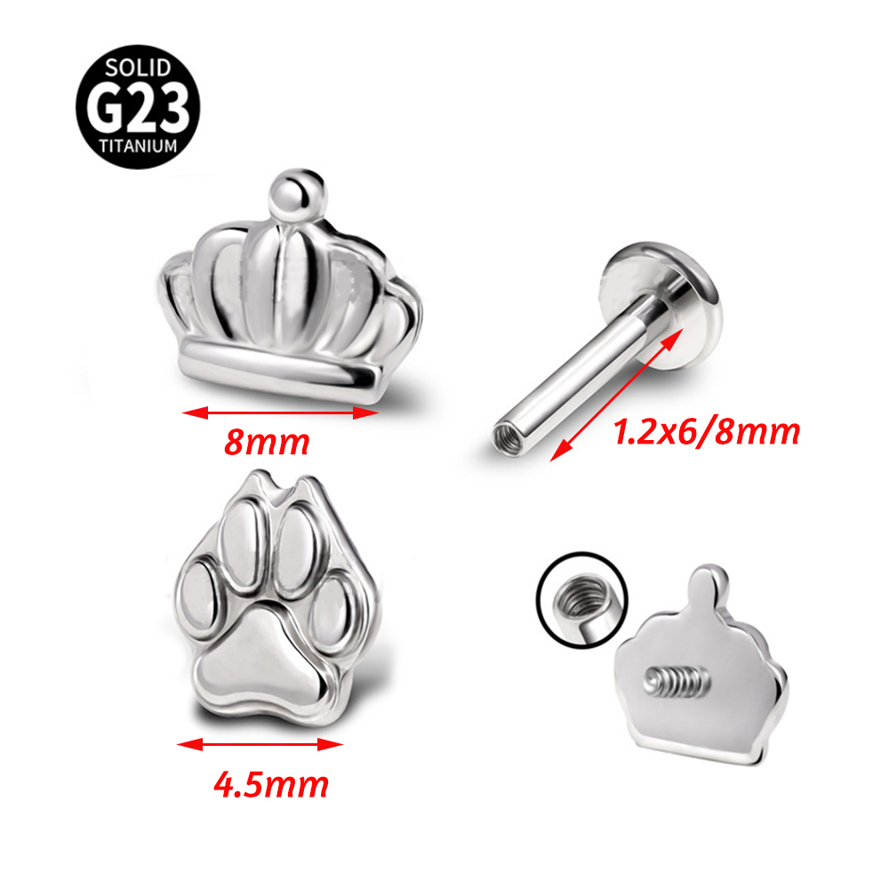 1Pcs F136 Titanium Crown Lip Labret Paw Ear Studs Earrings For Women/Men 6/8mm Tragus Cartilage Piercing Jewelry