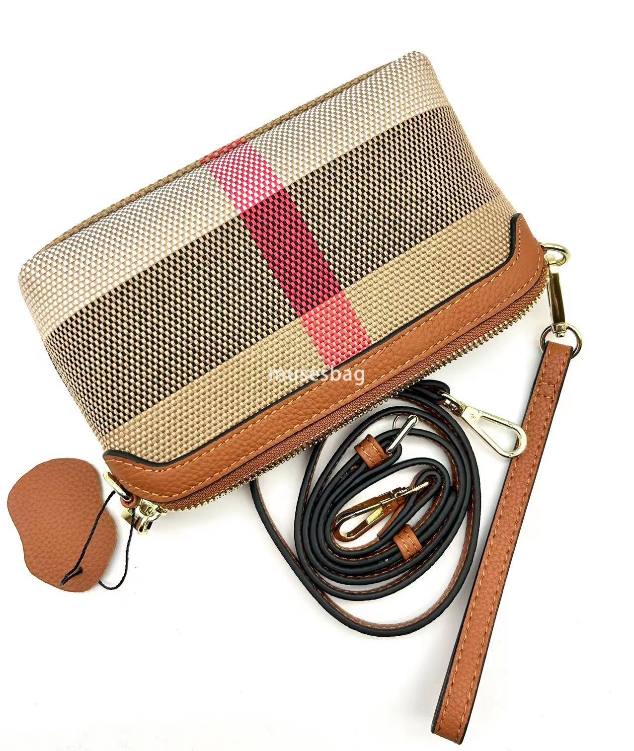 A niche design with new leather plaid contrasting color zipper long single shoulder crossbody handbag wallet mobile phone bag mom's bag