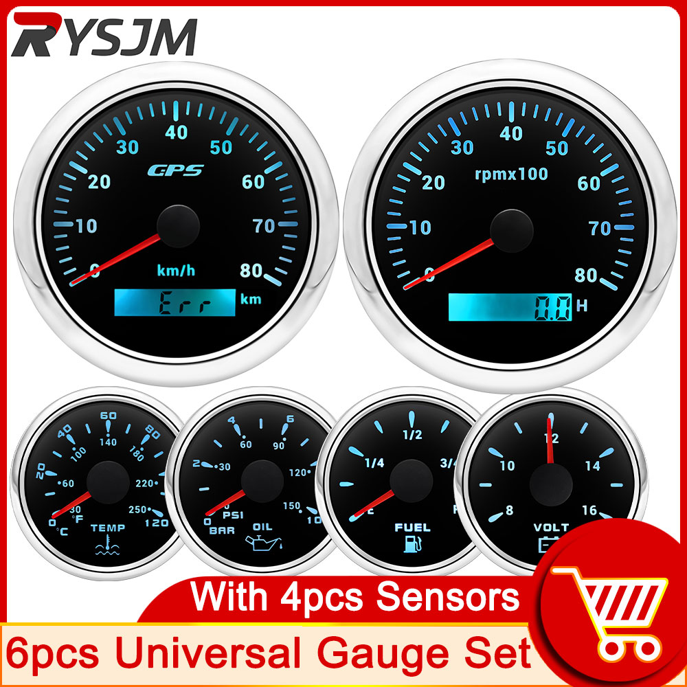 HD 6 Gauge Set 85MM GPS Speedometer with Tachometer with Sensor + 52MM Water Temp Gauge Oil Pressure Fuel Level Meter Voltmeter