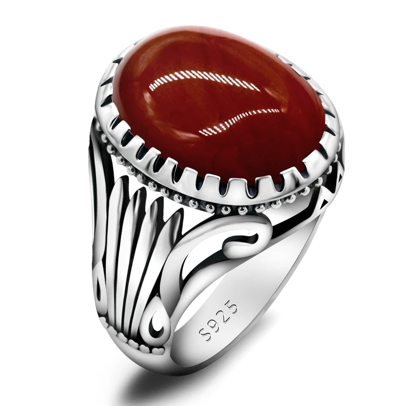 Natural Agate Ring for Men 925 Sterling Silver with Big Red Stone Vintage Rings Hollow Design for Male Women Thai Silver Jewelry