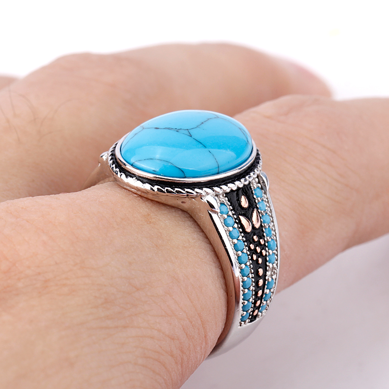Men Ring with Turquoise Vintage 925 Sterling Silver Oval Sky Blue Stone Life Track Significance Male Women Ring Jewelry Gift