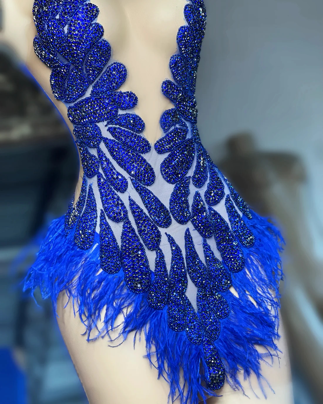 Royal Blue Feather Short Prom Dresses For Black Girls See Through Crystals African American Cocktail Dresses Birthday Party Homecoming Gowns J025