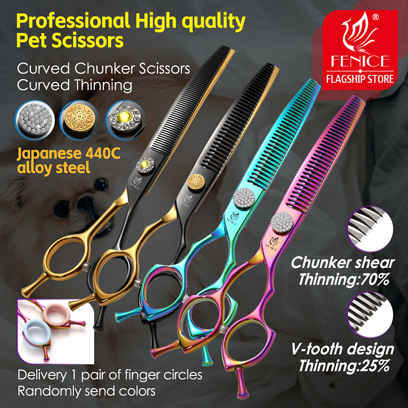 Fenice Grooming Scissors Diamond Screw 7.25 Inch Professional Curved Chunker Scissors Thinner Shears for Pet Beautician Tesoura