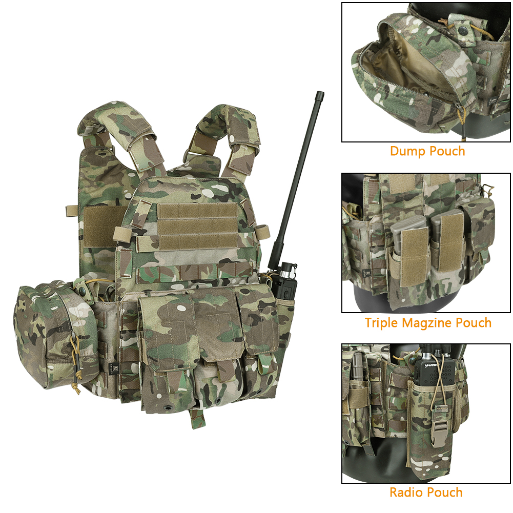 KRYDEX 500D Tactical Vest Body Armor Hunting Plate Carrier Airsoft Accessories Mag Pouch Camo Military Army 6094 Paintball Vest