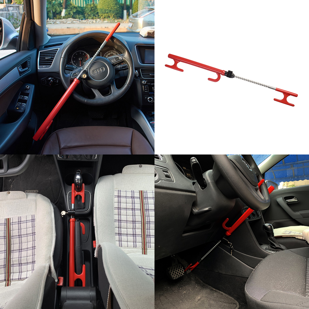 3 in 1 Auto Car Shift Lock Steering Wheel Lock Extendable Brake Pedal Lock Steer Wheel Blocker Telescopic Locking Bar Universal