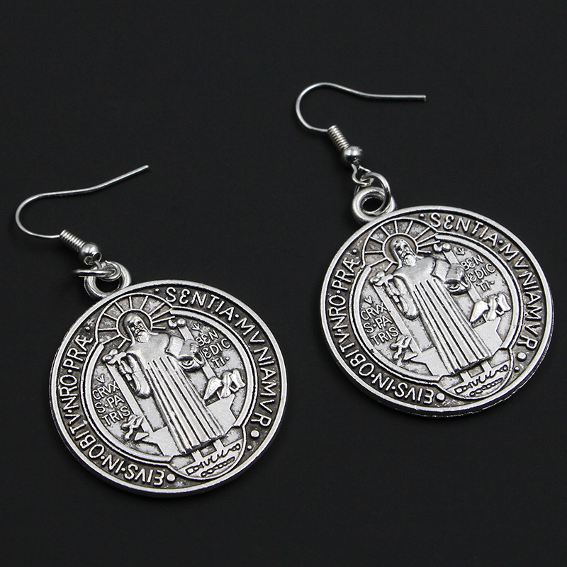 VILLWICE Vintage St. Benedict Medal Earrings Women Zinc Alloy Cross Pray Dangle Earrings Catholic Jewelry Gift
