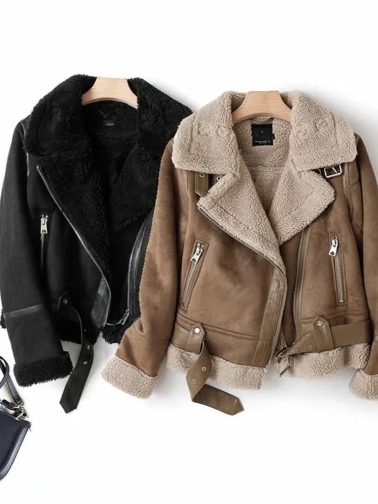 Aibeautyer Casual Warm Tops Women Suede Lambswool Biker Jackets Vintage Coat Winter Loose Faux Leather Motor Outwear